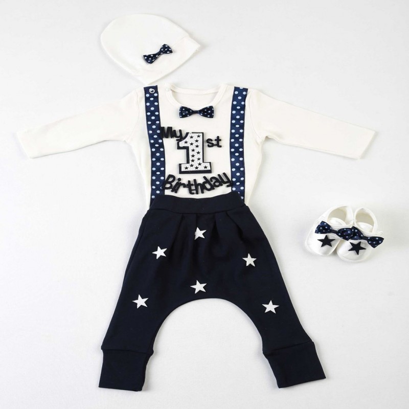 Navy Blue 1 Year Old Male Baby Dress 4 PCs Set