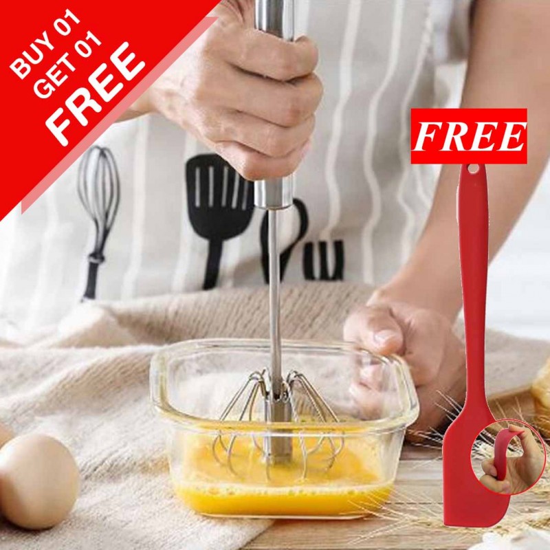 Steel Hand Push Whisk Blender & Silicon Spatula Pack (Buy 01 & Get 01 Free)