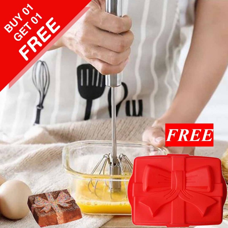 Steel Hand Push Whisk Blender & Bow 3d Large Baking Tray (Buy 01 & Get 01 Free)