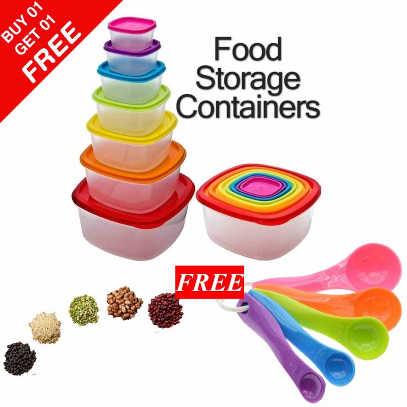 Multi Coloured Lids Containers & Plastic Measuring Spoons (Buy 01 & Get 01 Free)