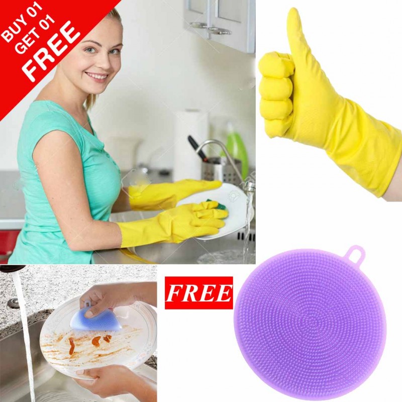 Reusable Waterproof Gloves & Kitchen Dish Cleaning Sponge (Buy 01 & Get 01 Free)