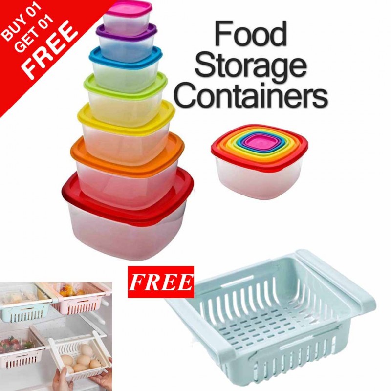 Multi Coloured Lids Containers & Fridge Storage Rack (Buy 01 & Get 01 Free)