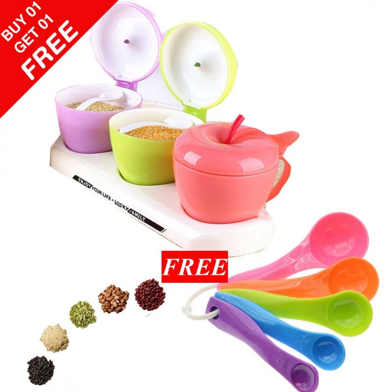 Cute Apple Shape Kitchen Spice Jar & Plastic Measuring Spoons (Buy 01 & Get 01 Free)