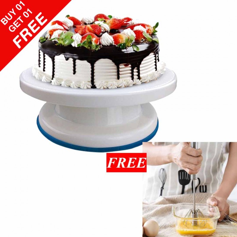 Cake Decorated Rotating Plate & Steel Hand Push Whisk Blender (Buy 01 & Get 01 Free)
