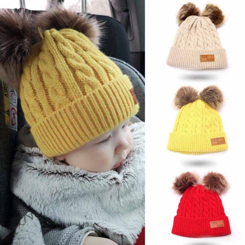2 Plush Balls Baby Knitted Beanie Children Warm cap