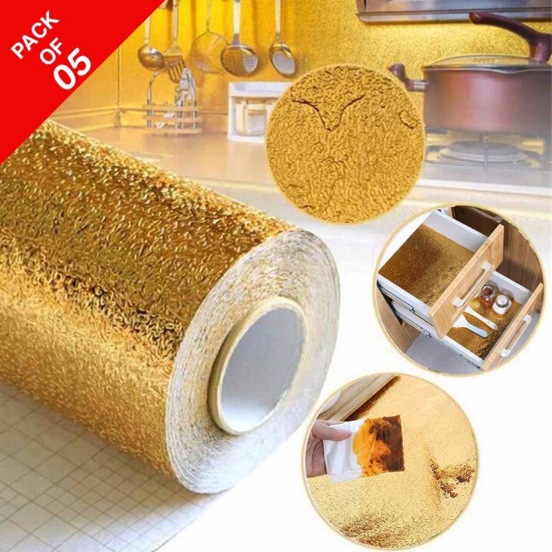 Kitchen Oil Proof Waterproof Stickers Aluminum Foil Golden Pack Of 05